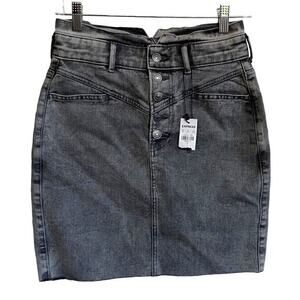Express Super High Waisted Button Fly Raw Hem Black Denim‎ Mini Skirt 0